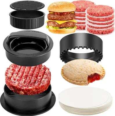 Produktbild von Presse für das Herstellen von Hamburgern, Steak Haché und Burgern - 4-in-1 mit 100 Blättern Pergamentpapier - Machen Sie köstliche Hamburger und Sandwiches zu Hause