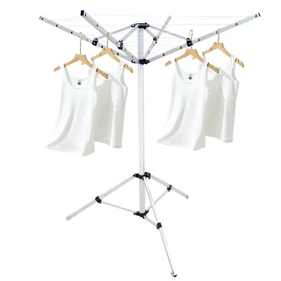 A white laundry rack with white tank tops hanging on it, set against a white background.