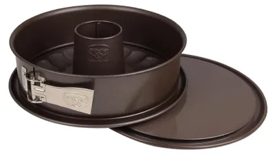 Produktbild von Dr. Oetker Springform Ø 28 cm, runde Backform der Serie Back-Edition aus Stahl mit 2 Böden - Flach- und Rohrboden mit Antihaftbeschichtung (Farbe: braun)