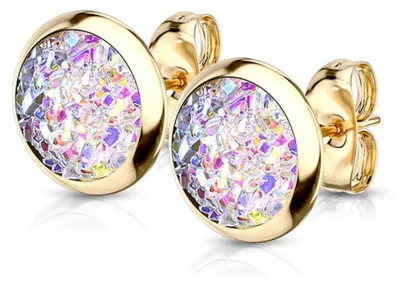Produktbild von Druzy Ohrstecker: Runde Glitzer Ohrringe aus Edelstahl Gold / Aurora Borealis