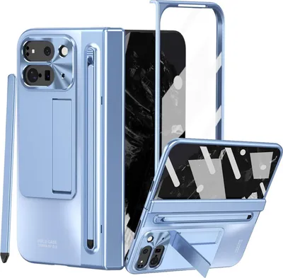 Produktbild von Handyhülle für Google Pixel 9 Pro Fold mit S Pen und Stiftablage, Displayschutzfolie, Scharnierschutz, Stoßfest Ständer Schutzhülle Blau