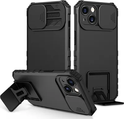 Image de Étui pour iPhone 13 étui de protection militaire double couche avec béquille et protection coulissante de l'appareil photo noir