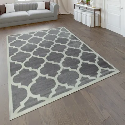 Produktbild von Designer Teppich Marokkanisches Muster Kurzflorteppich Modern Trend Grau Weiß Grösse 160x220 cm