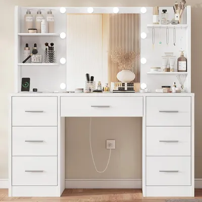 Image de Table de maquillage avec éclairage - Rangement à bijoux - Avec prise électrique - 7 tiroirs - Blanche