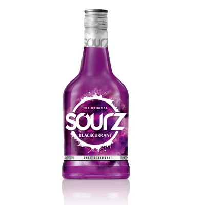 A bottle of Sourz Blackcurrant sweet and sour shot.