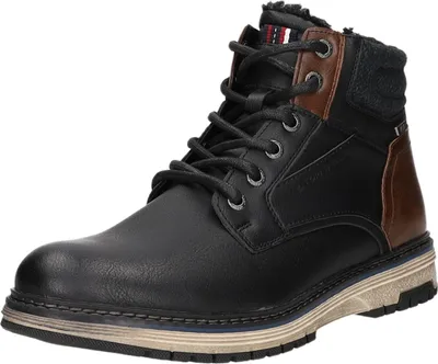 A single black men's boot is shown against a white background.