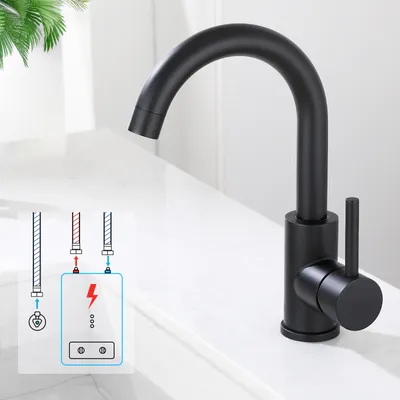 Produktbild von Niederdruck Wasserhahn Bad/Küche Niederdruck Badarmatur 360° Drehbar Badarmatur Küchenwasserhahn aus Edelstahl Spültischarmatur für Kaltwasser und Spüle Boiler, Schwarz