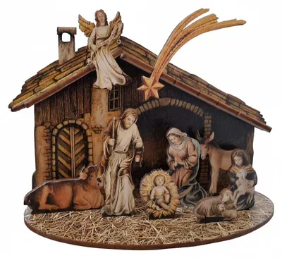 Krippe mit Holzfiguren, Heilige Familie, 18 x 14 x 8 cm