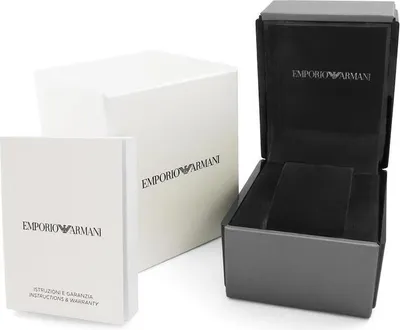 The image shows the packaging for an Emporio Armani watch, including the watch box, outer box, and instruction manual.
