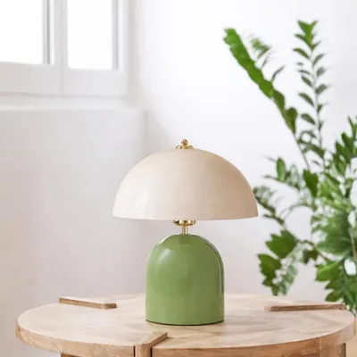 Produktbild von Opviq, Moderne Tischlampe mit Metallkörper, Mint und Creme, Höhe 32 cm, Ø25 cm, 100 cm Kabel mit Schalter, E27 Fassung, max. 40 W, IP20, ideal für skandinavisches Design.