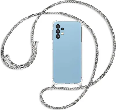 Produktbild von Handykette Backcover-Schutzhülle mit Band (Metall silberfarben) für Samsung Galaxy A13 4G - weiß/grau kariert
