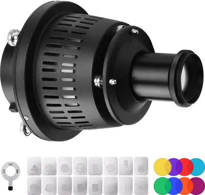 Obrázok produktu pre Bowens Mount optický snoot, kužeľový, zaostrovací, kondenzátorový, umelecké špeciálne efekty, tvarovaný lúč, svetelný valec, 16 ks grafických kariet, 8 ks farebných filtrov, fotografické osvetľovacie príslušenstvo