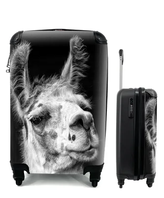 Produktbild von MuchoWow® Koffer Handgepäck Trolley Rollkoffer Kleine Reisekoffer mit 4 Rollen - Alpaka auf schwarzem Hintergrund - Cabin Size < 55x40x23 cm & 55x40x20 cm - Fotokoffer - Kabinenkoffer - Boardgepäck - Reise-Box - Reisekoffer - Reisegepäck - Koffer mit Bild - Trolley für Kinder