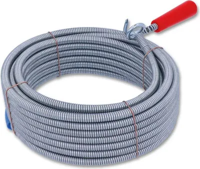 A coiled drain cleaning snake with a red handle.