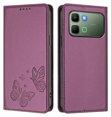 Image de Étui en cuir pour Infinix Note Edge, étui de protection en cuir gaufré motif papillon avec support, violet