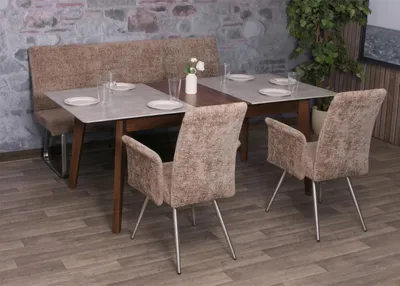 Obrázek produktu pro Jídelní set HWC-G55, sada 2 židlí s područkami + sedák lavice 180 cm, broušená nerezová ocel tkanina/textilní žinylka  hnědá
