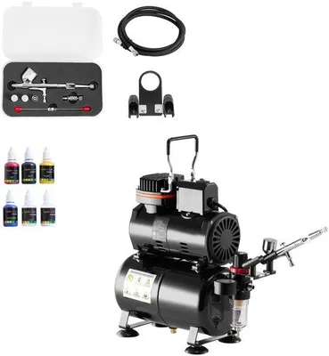 Image de Kit de pulvérisation pneumatique comprenant un compresseur, un réservoir, un ensemble de 3 buses, de la peinture acrylique et un appareil de pulvérisation