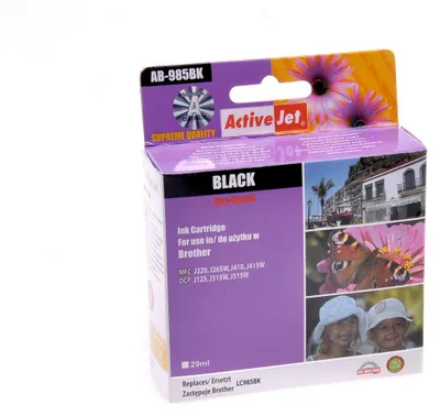 Zdjęcie produktu dla Activejet Tusz AB-985BN (zamiennik Brother LC985BK; Supreme; 29 ml; czarny), Wysoka (XL) wydajność, Czarny, Tusz na bazie pigmentu, 29 ml, 1 szt., Jednopak
