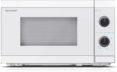 A white Sharp microwave oven is shown from the front.