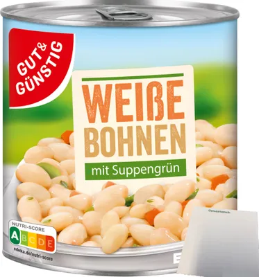 Produktbild von Gut & Günstig Weisse Bohnen mit Suppengrün (800g Dose) + usy Block