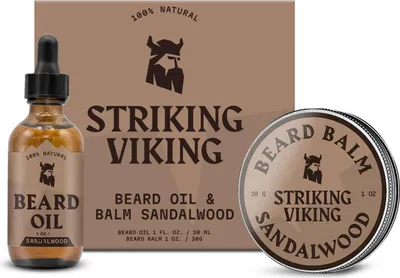 Produktbild von Striking Viking Bartpflege Set für Männer mit Bartöl 30 ml und Bartbalsam 30 ml, Sandalwood