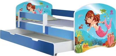Produktbild von ACMA Jugendbett Kinderbett Junior-Bett Komplett-Set mit Matratze Lattenrost und Rausfallschutz Blau 09 Meerjungfrau 180x80 + Bettkasten