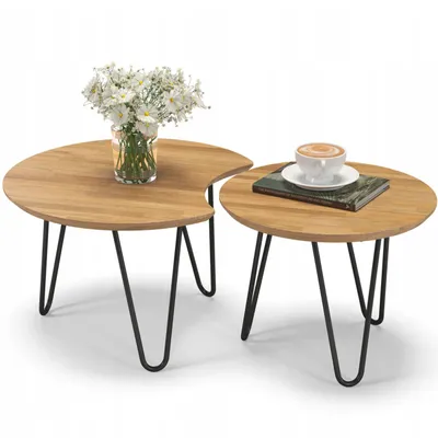 Obrázek produktu pro Kulatý konferenční stolek 2 v 1, přírodní dub, 90 cm, kovové nohy, moderní design