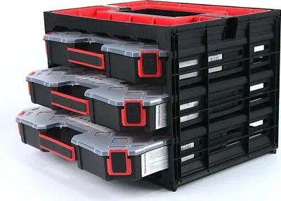 A black storage organizer with multiple red and gray drawers, shown from a slight angle against a white background.