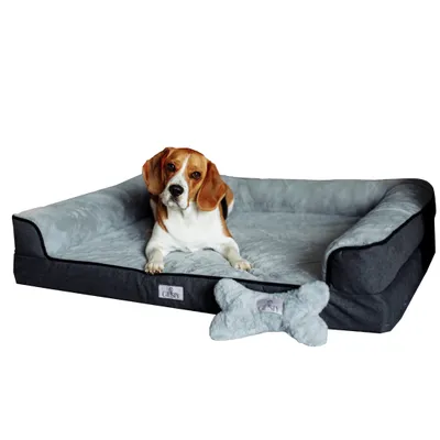 A beagle dog lies on a gray dog bed with a bone-shaped toy in front of it.