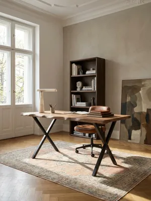 Produktbild von Schreibtisch 200x100x76 cm Akazie Massivholz / Metall Computertisch Baumkante, Homeoffice Bürotisch Massiv mit X-Beinen in Schwarz, Holztisch Laptoptisch Arbeitszimmer