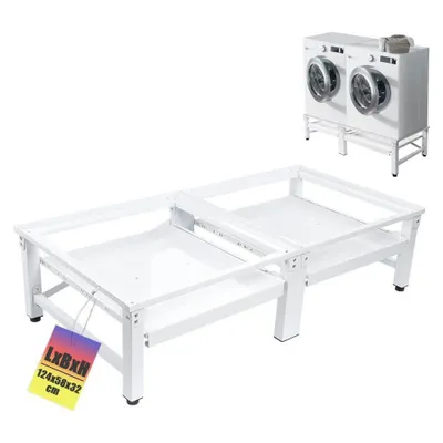 Produktbild von Stabiler Doppel Untergestell für Waschmaschine Trockner inkl. 2 Ausziehablagen Max. 2x 150kg Stahl Sockel Podest Unterbau Erhöhung Gestell , 32cm Hohe