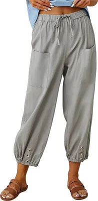 Image de ASKSA Femmes 7/8 Longueur Pantalon Jambe Large Pantalon Loisirs Léger Pantalon d'été Casual Pantalon en lin, Gris clair, XL