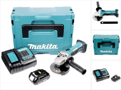 A collage of images showing a Makita angle grinder, its accessories, and its storage case.