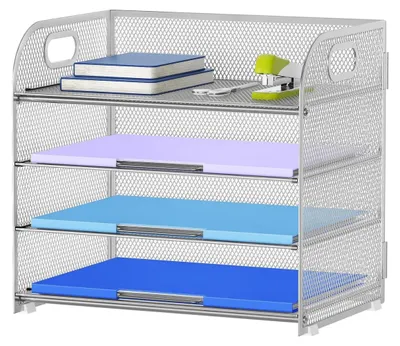 Produktbild von Schreibtischorganizer Postablage Dokumentenablage - 4 Fächer - Metall - Silber - Mit Tragegriff