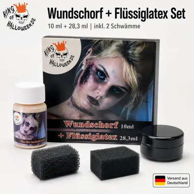 Produktbild von Halloween SFX Make-up Set – Wundschorf 10 ml + Flüssiglatex Nude 28,3 ml + 2 Schwämme – für Zombie, Narben, Krusten, 3D-Effekte, Cosplay, Fasnacht & Mottoparty