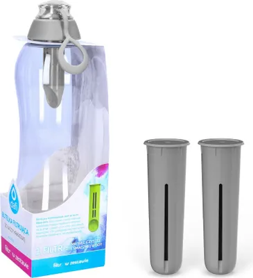 A product shot of a water filter bottle and two replacement filters against a white background.