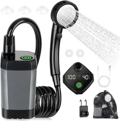 Produktbild von Portable-Wanderdusche - 6000 mAh aufladbarer Wanderduschedruck - mit intelligentem LED-Display - 4 Sprühstufen - IPX7 wasserdichter Außenduscharm - für Wandern, Reisen, Auto, Haustiere - grau