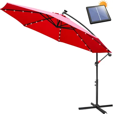 Produktbild von Clanmacy Sonnenschirm Ampelschirm 350 cm mit LED, UV-Schutz, Kurbel -Rot Gartenschirm Marktschirm Kurbel Balkon