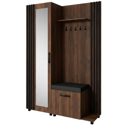 Produktbild von Garderoben-Set LIVIA Rechts Warmia Walnuss – Garderobenschrank mit Spiegel, Schuhschrank mit schwarzen Sitzkissen, Lamellen in Schwarz, Hochschrank