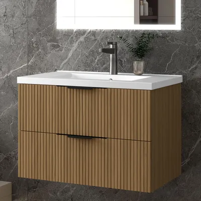 Produktbild von Unterschrank mit Waschbecken Waschbeckenunterschrank, Walnussfarbe Badezimmerschrank, 80x44.5x52cm, Sanfter Schluss, Badschrank