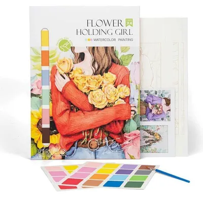 Image de Kit de peinture aquarelle Fille aux Fleurs - 4 feuilles à motif - Kit DIY avec peintures & pinceau