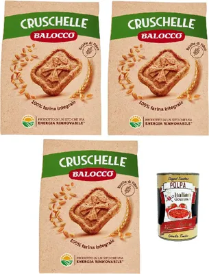 Produktbild von Balocco Cruschelle Biscotti con farina integrale e zucchero di canna Kekse mit Vollkornmehl und braunem Zucker biscuits cookies 100% Italienische Kekse 3x 700g + Italian Gourmet polpa 400g