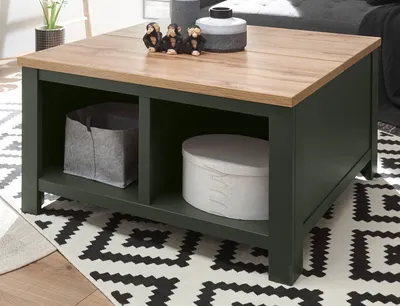 Produktbild von Couchtisch "Norwich" grün Eiche Landhaus Beistelltisch mit Truhe und Ablage 93 x 93 cm