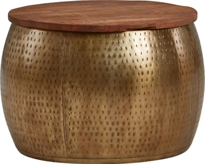 Couchtisch Mango mit goldfarbenem Metallgestell und abnehmbarer Holzplatte in Gesamtansicht.
