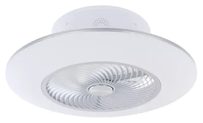 Produktbild von Globo Lighting Deckenventilator Metall weiß, Acryl weiß, Metall silber metallic, dimmbar, Farben fixierbar, Memoryfunktion, Nachtlicht, Timer, Fernbedienung, Batterie inkludiert 2x AAA, max. Motorleistung 33W, optimale Raumnutzung 24m², Abkühlung, Geschwindigkeitsstufen 870/1050/1130 RPM, ø: 580mm, H: 220mm, inkl. LED 36W 230V, 4500lm Source, 2200lm Output, CCT 3000-6000K