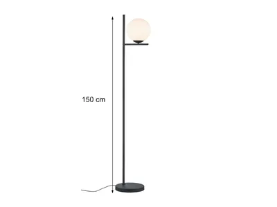 A floor lamp with a black metal stand and a white glass globe light.