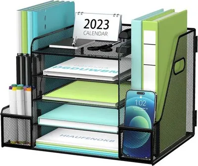 Produktbild von Dokumenten- und Schreibtisch-Organizer mit Aktenhalter, 5-fach Papier- und Briefumschlag-Organizer mit Zeitschriftenhalter, Schreibtisch-Organizer mit Aufbewahrungsräumen und Schublade für Bürobedarf, schwarz