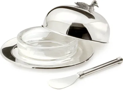 Produktbild von EDZARD Butterglocke Ente, Durchmesser 14 cm, edel versilbert, Butterdose mit Deckel und passendem Buttermesser Länge 18 cm