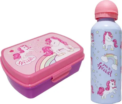 Produktbild von Sweet Einhorn Unicorn 2tlg. Lunch Set Brotdose plus Trinkflasche 500 ml – Blau