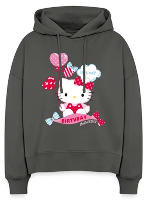 Produktbild von Spreadshirt Hello Kitty Geburtstag Mit Ballons Frauen Boxy Organic Hoodie, S, Anthrazit